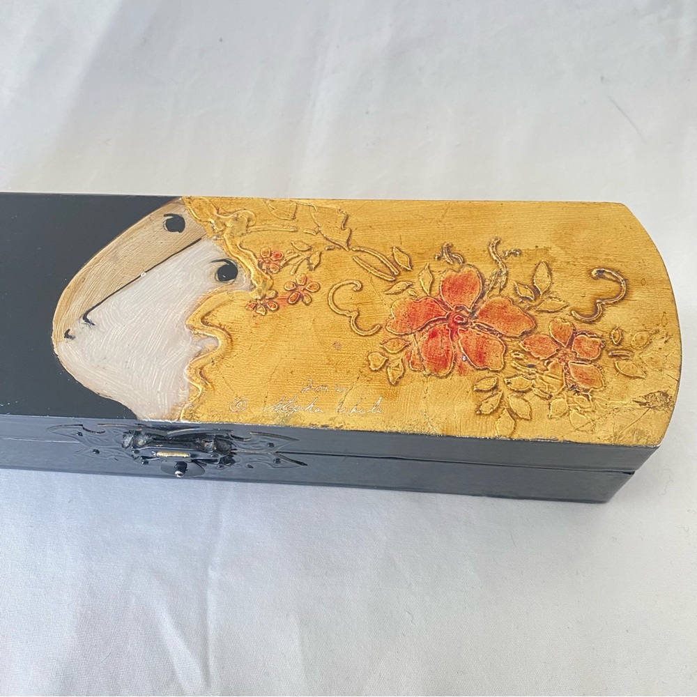 Artist Stephen White hand painted black lacquer box with Marian, the model.